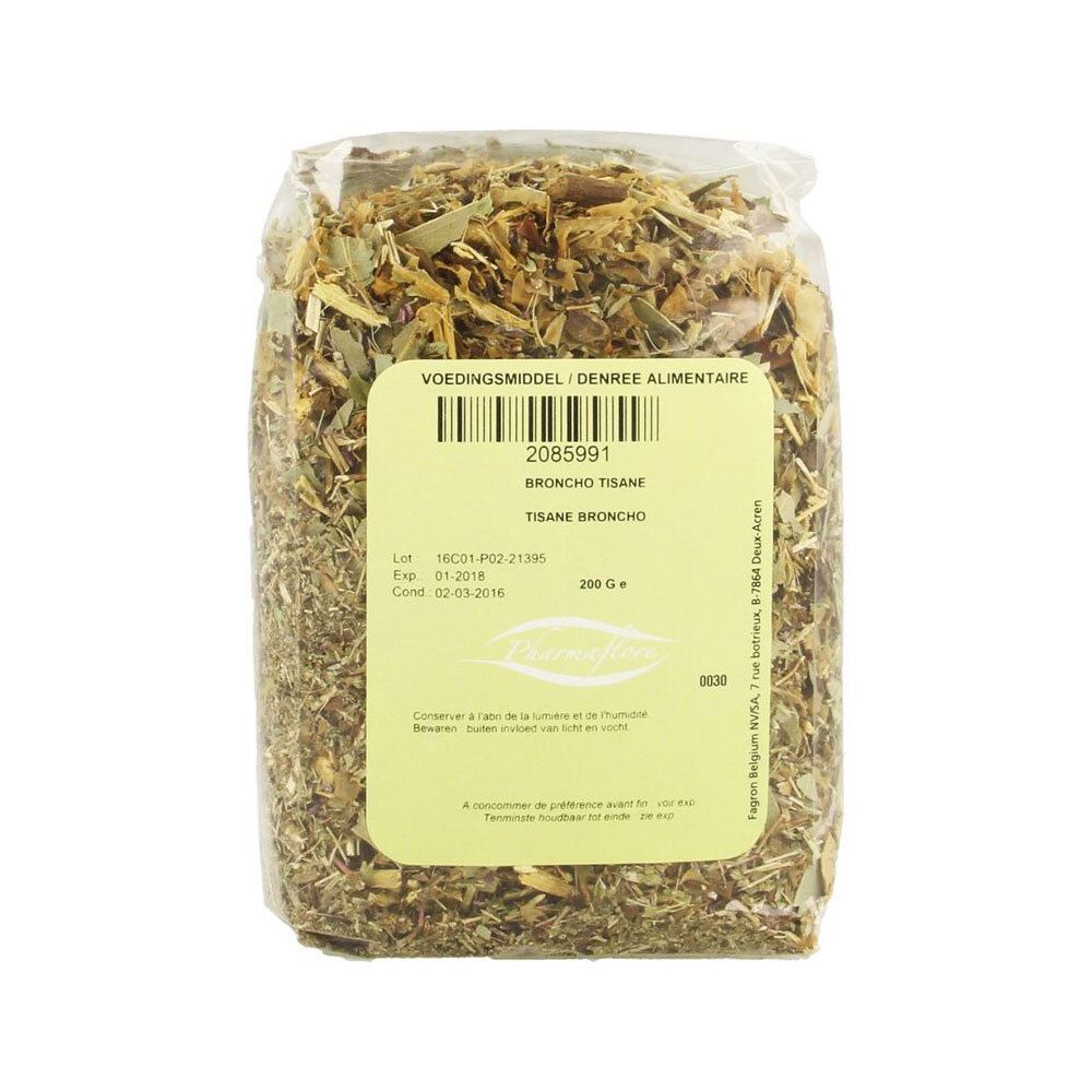 Sachet de tisane Broncho. Étiquette avec code-barres et texte. Mélange de plantes vertes et brunes, emballage transparent.