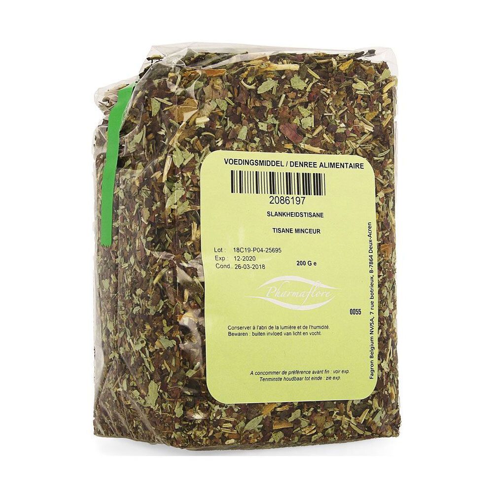 Sachet de tisane Pharmaflore Minceur. Étiquette avec informations produit et numéro de lot. Contient 200g de mélange.