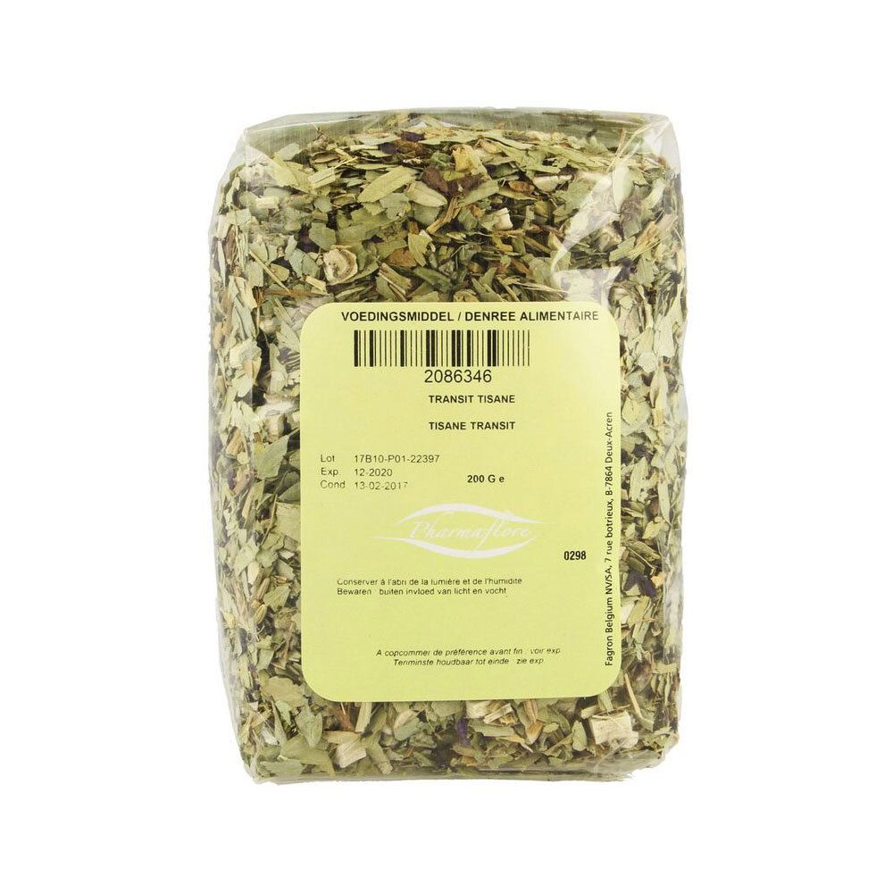 Sachet de tisane Transit. Ingrédients visibles. Texte: 200 g, date de péremption et code-barres.