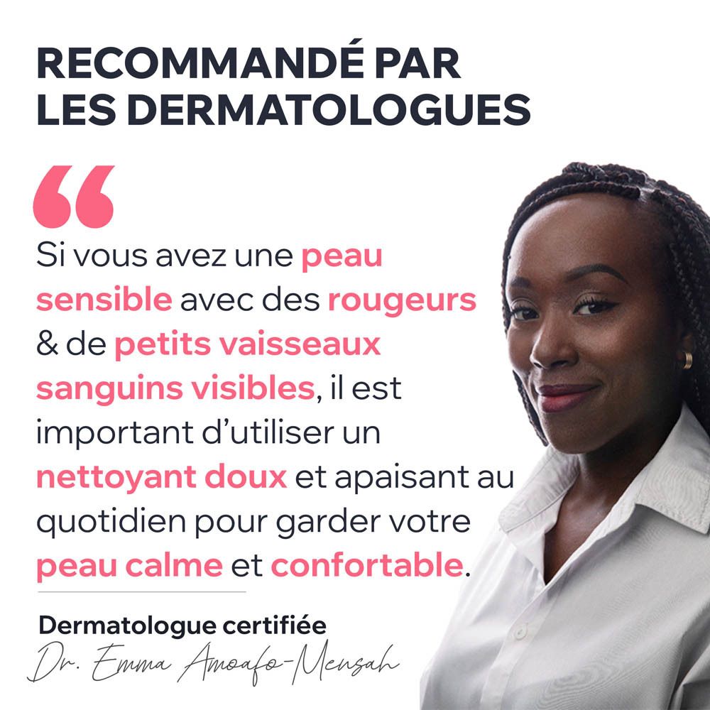 Femme avec texte : Nettoyant doux pour peaux sensibles avec rougeurs. Dermatologue.