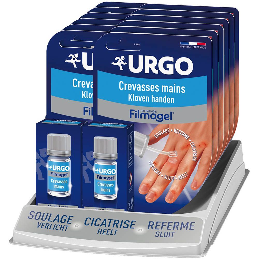 Présentation du produit. URGO, Filmogel, Crevasses mains. Plusieurs emballages et flacons.