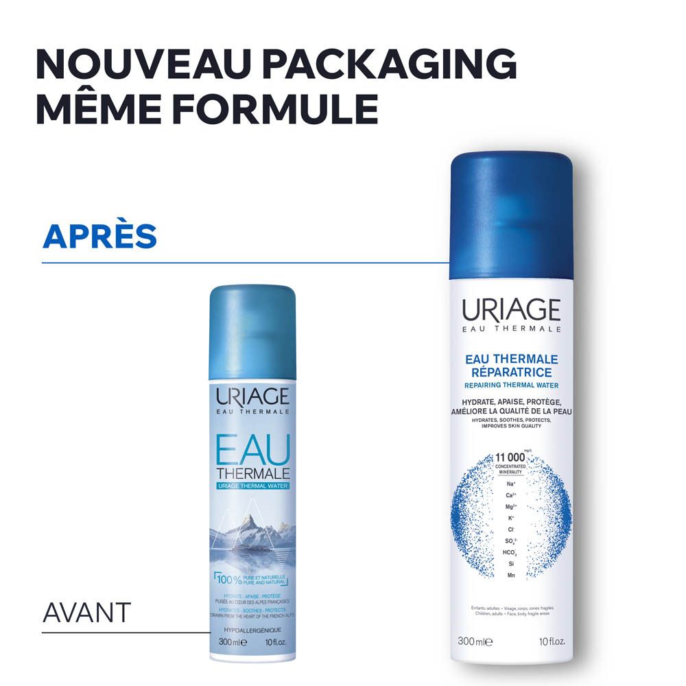 Spray Uriage Eau Thermale Réparatrice, 300ml, avec bouchon bleu et flacon blanc.