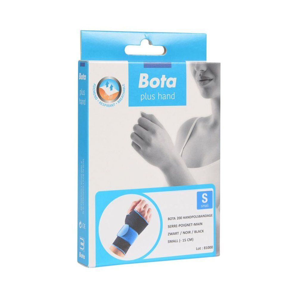 Emballage de l'attelle de poignet Bota. Design bleu et blanc avec image du produit. Taille S. Texte: Bota plus hand, Bota 200 Handgelenkbandage.
