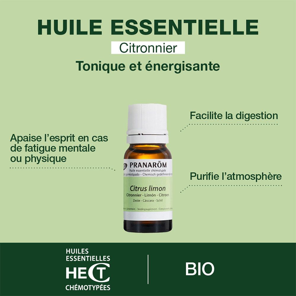 Panneau publicitaire PRANAROM Zitrone. Texte : Huile Essentielle, Tonique et énergisante. BIO. Certification HECT.