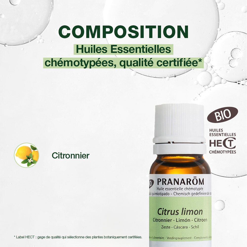 Panneau publicitaire PRANAROM Zitrone. Texte : Huiles Essentielles chémotypées, qualité certifiée. BIO. Certification HECT.