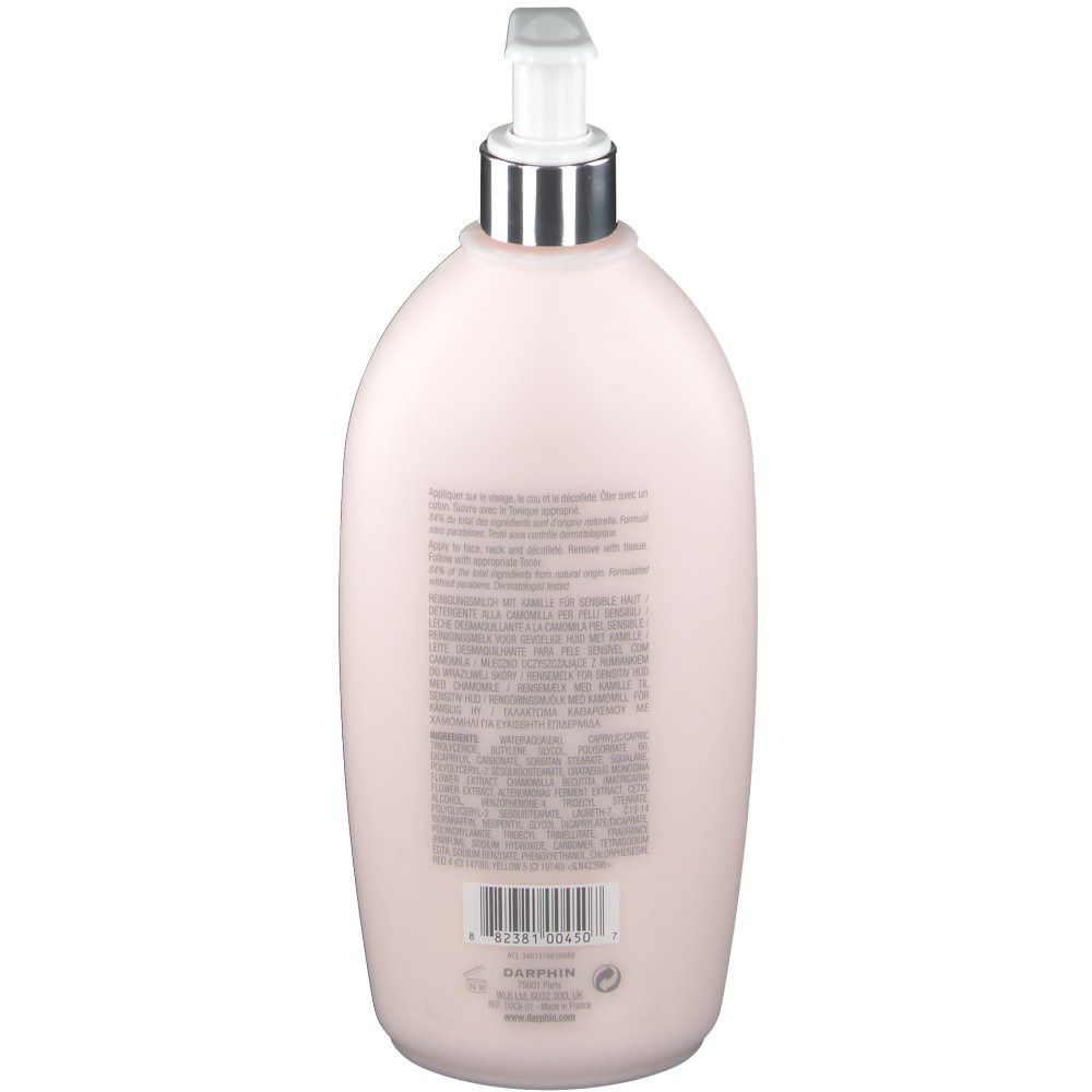 Dos du flacon rose avec pompe. Texte et code-barres. Nom du produit non visible.