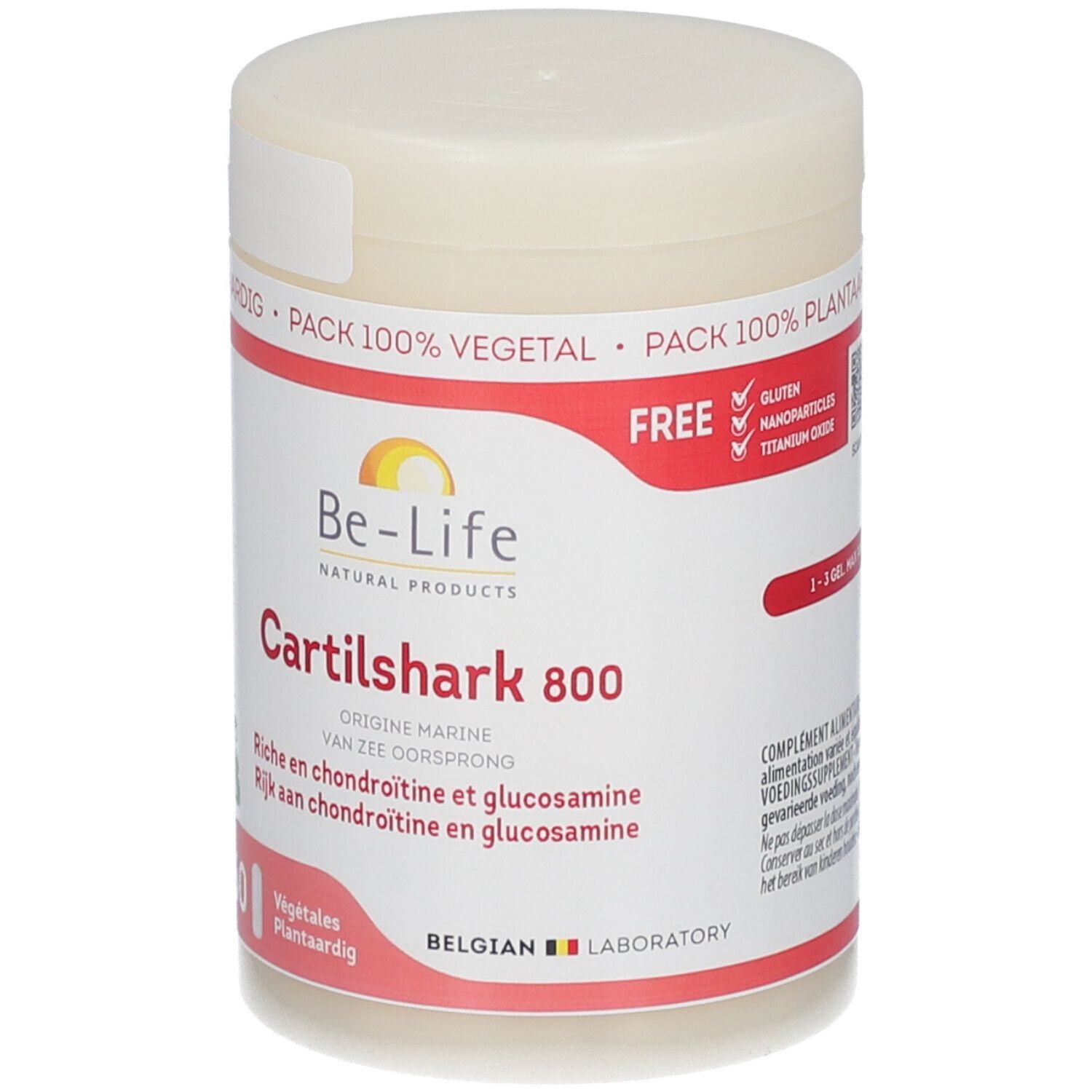 Boîte beige avec texte rouge. Inscription: Be-Life Cartilshark 800, 60 gélules. Emballage 100% végétal.