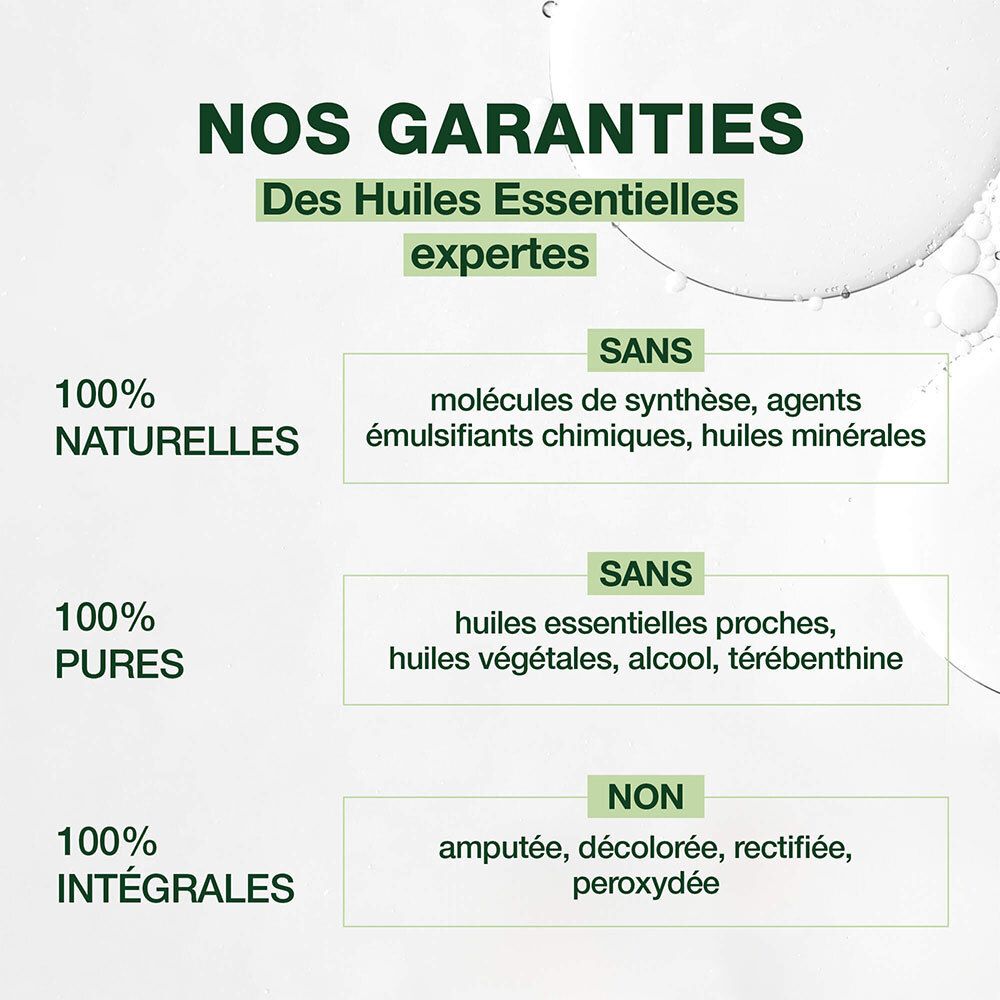 Texte avec garanties pour les huiles essentielles. 100% naturelles, pures et intégrales. Sans molécules synthétiques, etc.