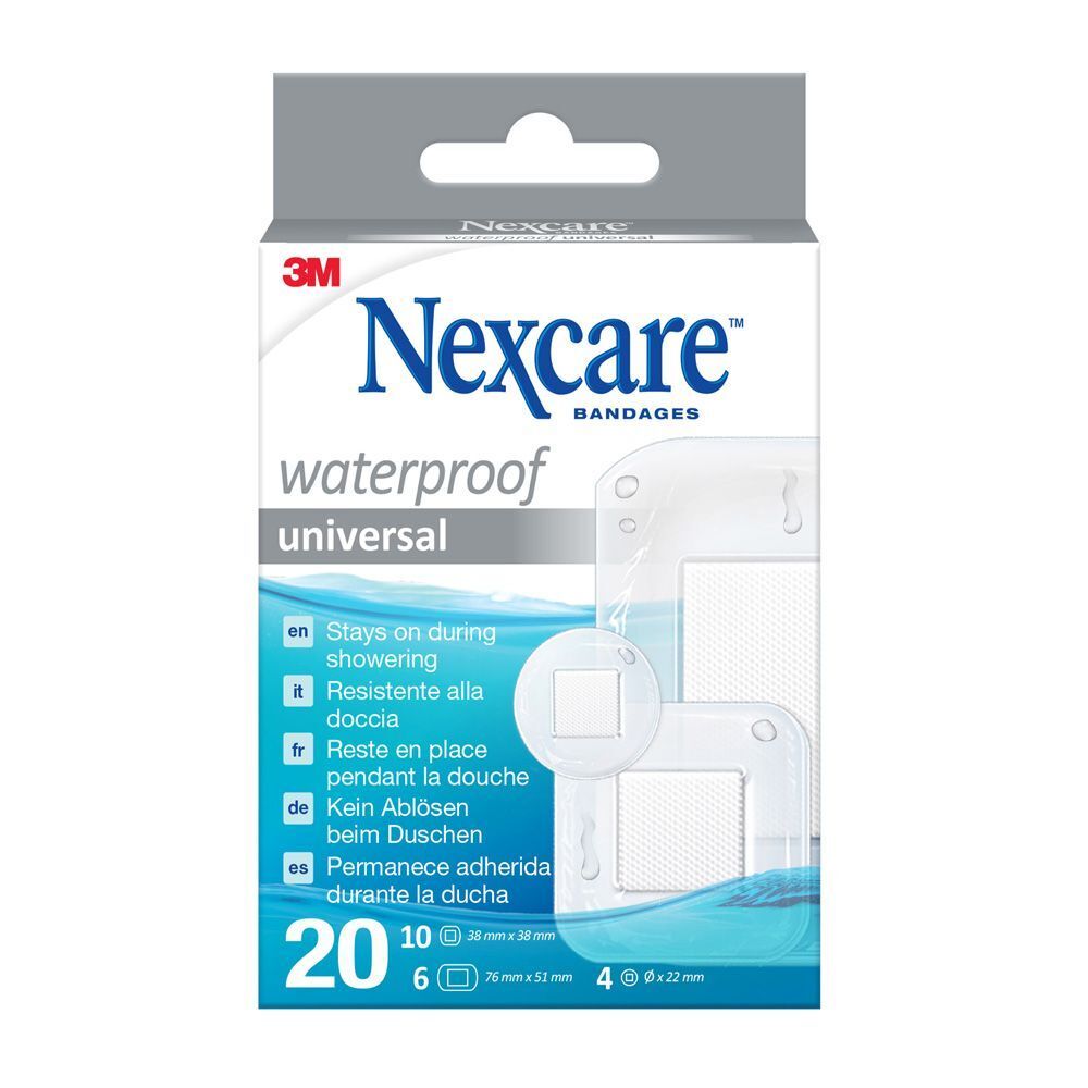 Nexcare pansements universels waterproof. Boîte de 20 pansements, 10x38x38mm, 6x76x51mm, 4x22x22mm.