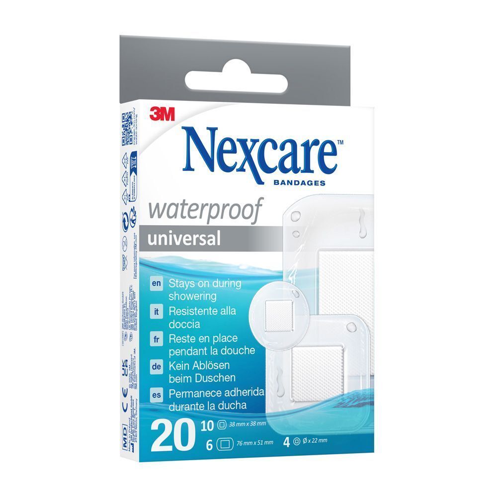 Nexcare pansements universels waterproof. Boîte de 20 pansements, 10x38x38mm, 6x76x51mm, 4x22x22mm.