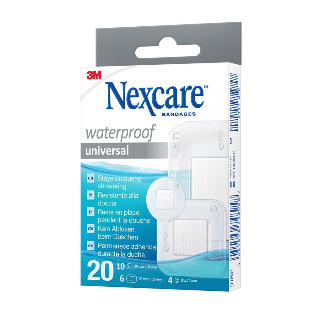 Nexcare pansements universels waterproof. Boîte de 20 pansements, 10x38x38mm, 6x76x51mm, 4x22x22mm.