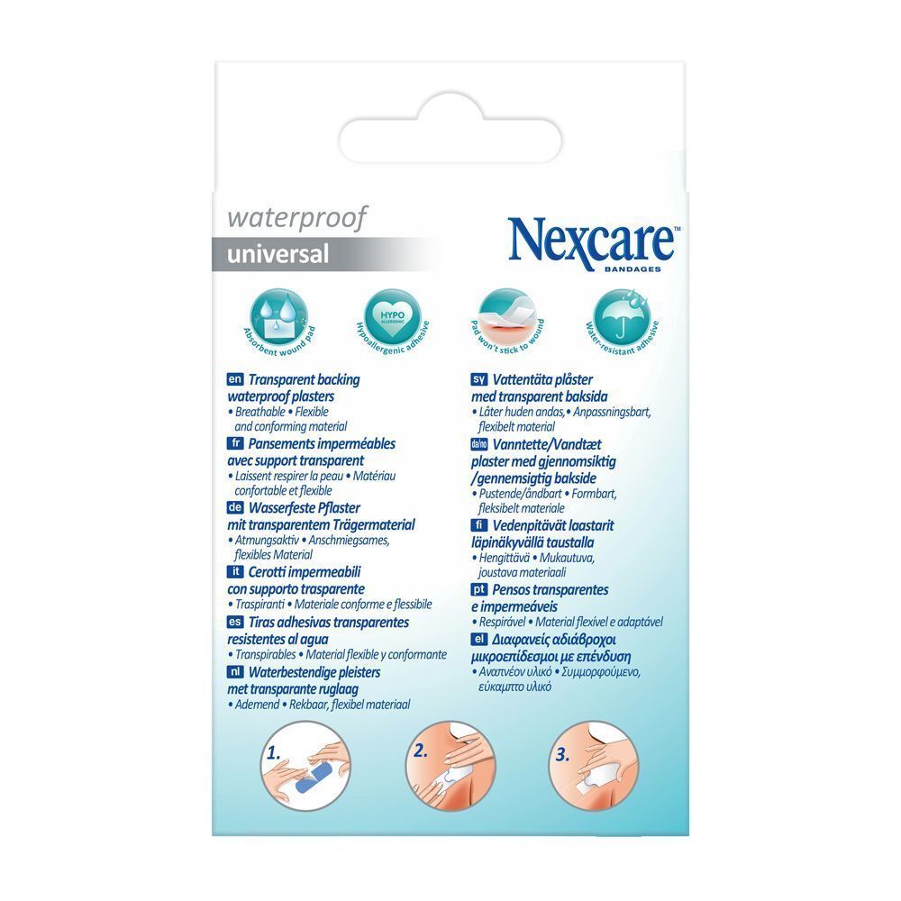 Dos de l'emballage des pansements waterproof universels Nexcare. Informations multilingues.