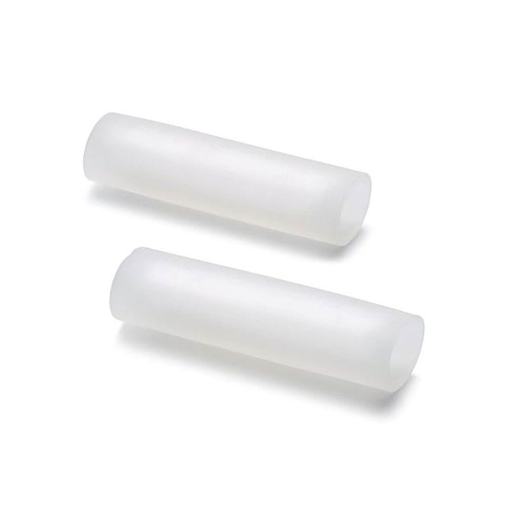 Deux coussins cylindriques transparents. Sur fond blanc.