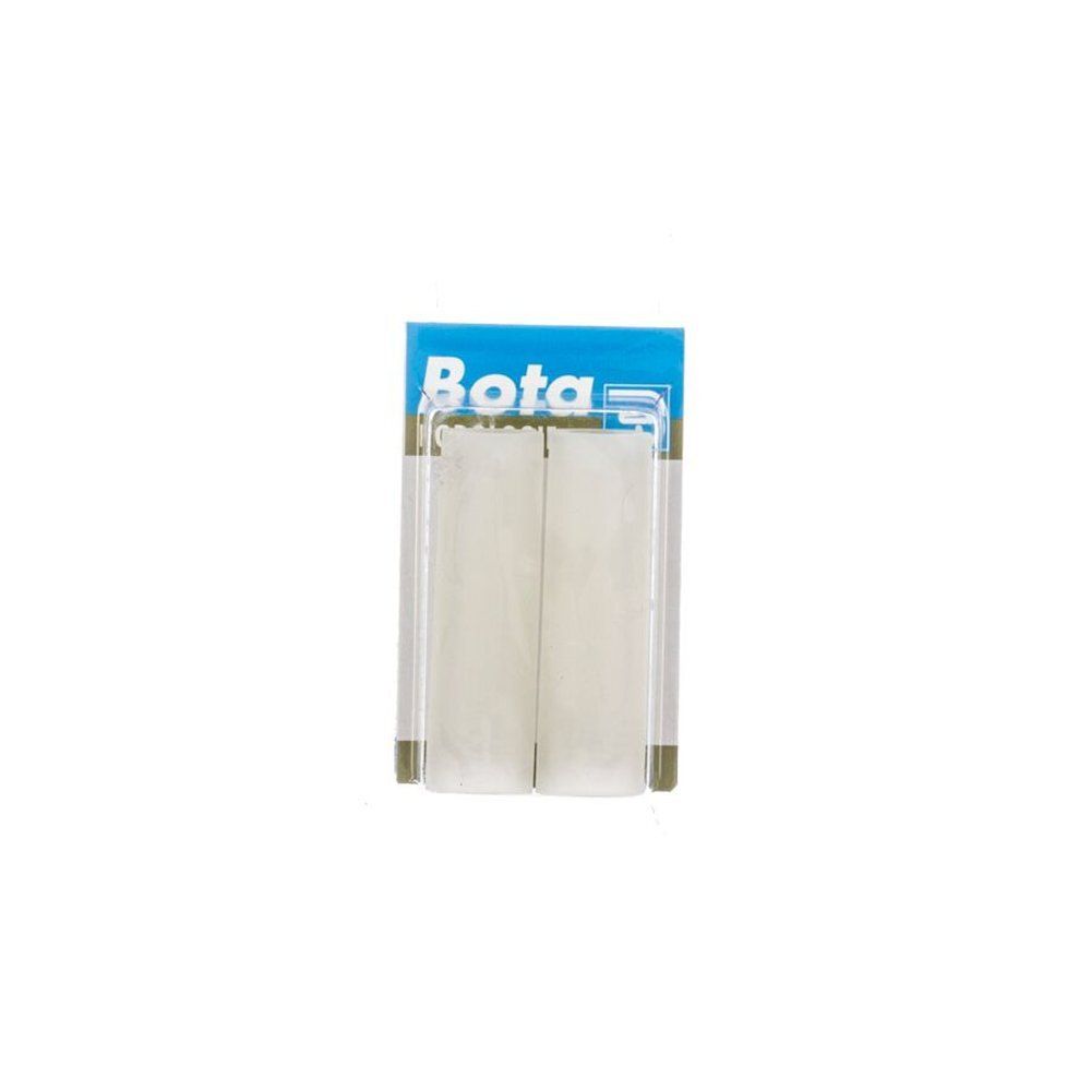 Deux coussins cylindriques blancs dans un emballage avec étiquette bleue. Marque Bota.