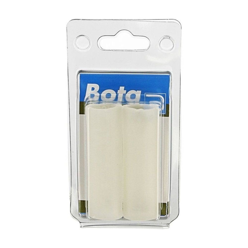 Deux coussins cylindriques blancs dans un emballage blister transparent. Marque Bota.