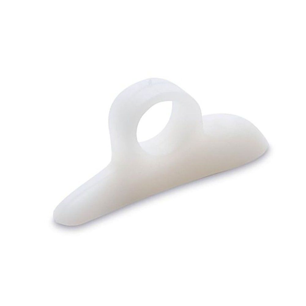 Coussinet pour orteils en marteau, silicone blanc, avec anneau et forme allongée. Pour pied gauche.