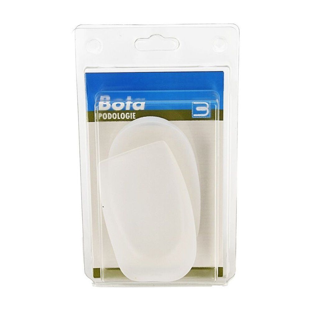 Emballage contenant deux coussinets de talon blancs. Logo "Bota podologie" visible.