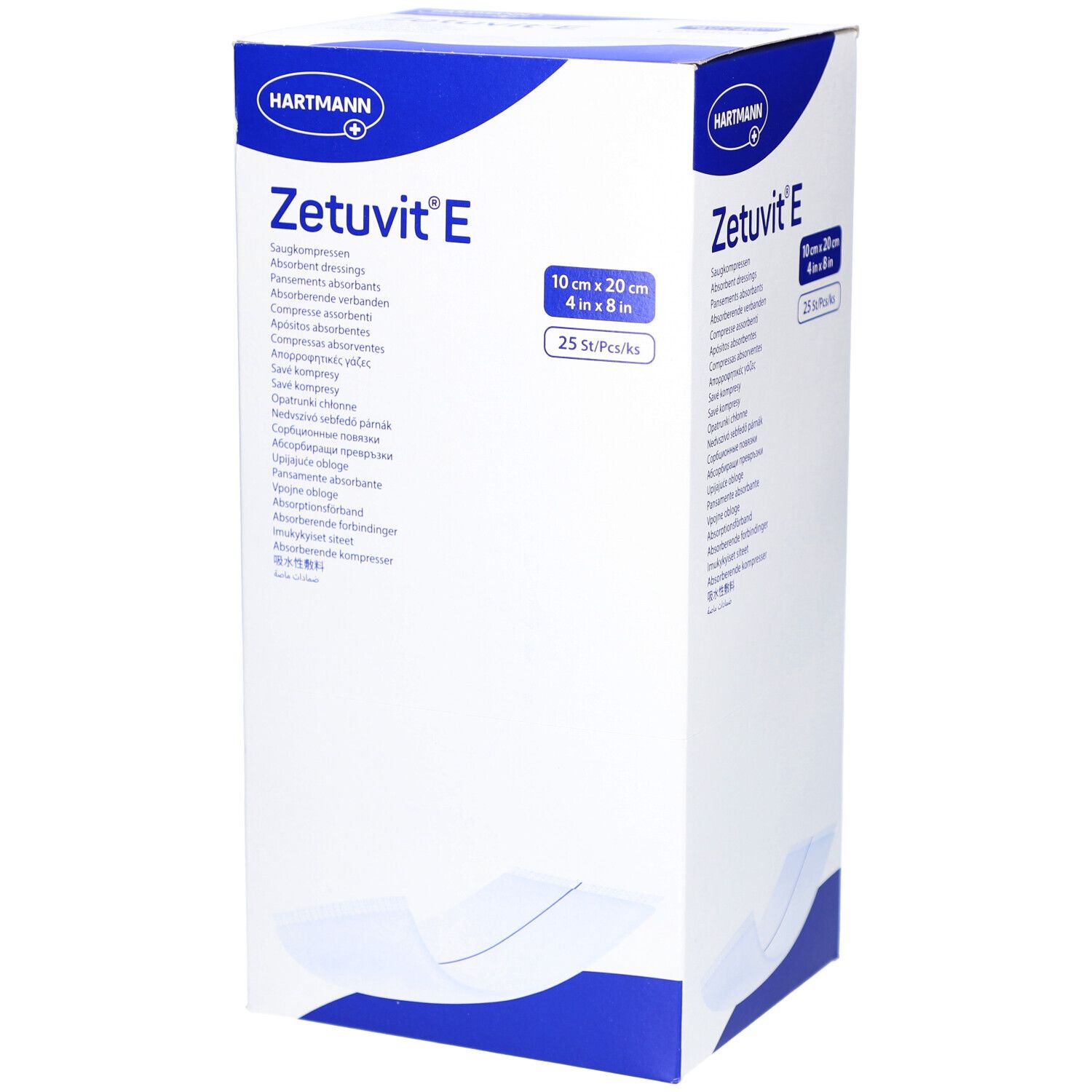 Boîte Zetuvit E. Compresses absorbantes. 10x20 cm. 25 pièces. Logo HARTMANN. Emballage blanc avec accents bleus et illustration du produit.