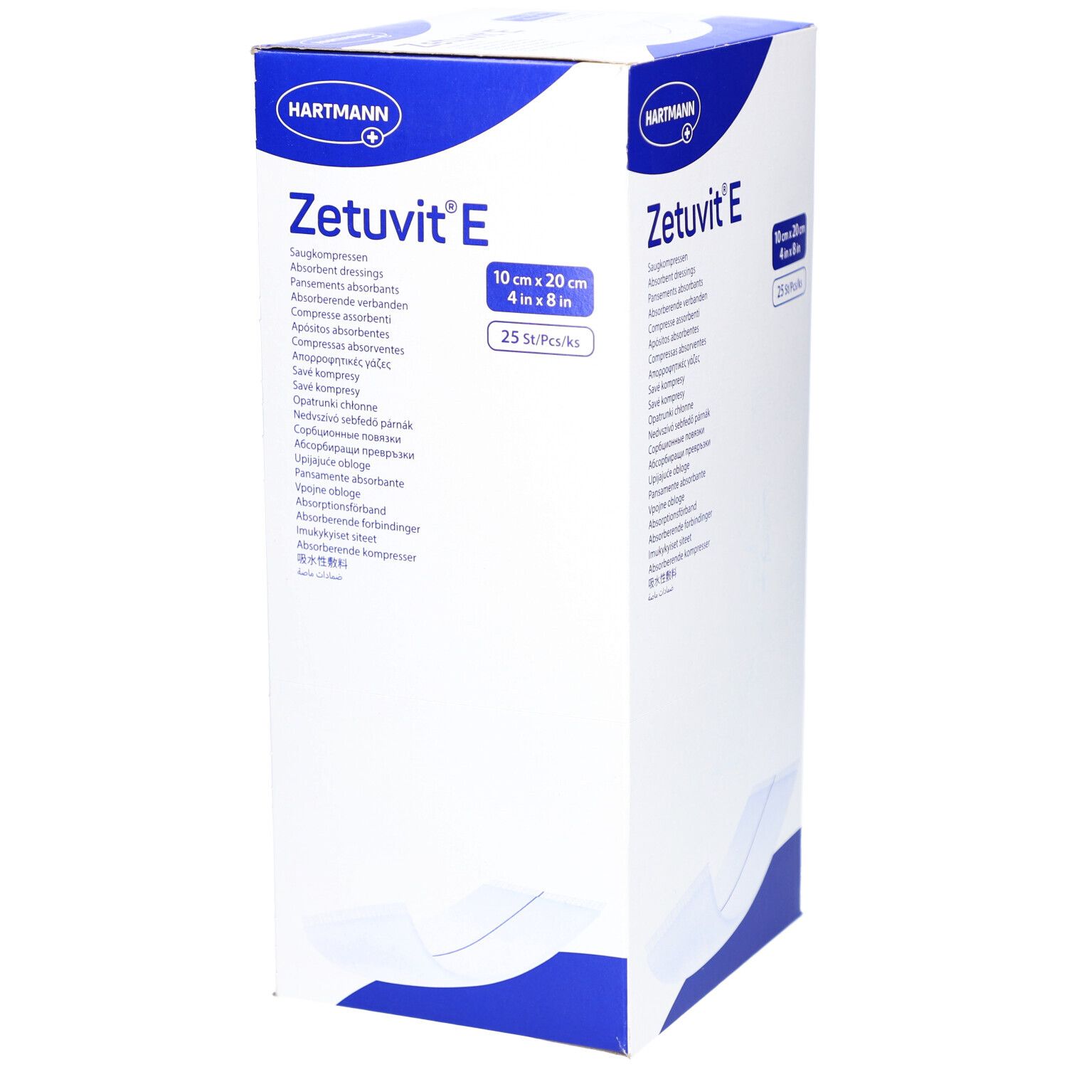 Boîte Zetuvit E. Compresses absorbantes. 10x20 cm. 25 pièces. Logo HARTMANN. Emballage blanc avec accents bleus et illustration du produit.