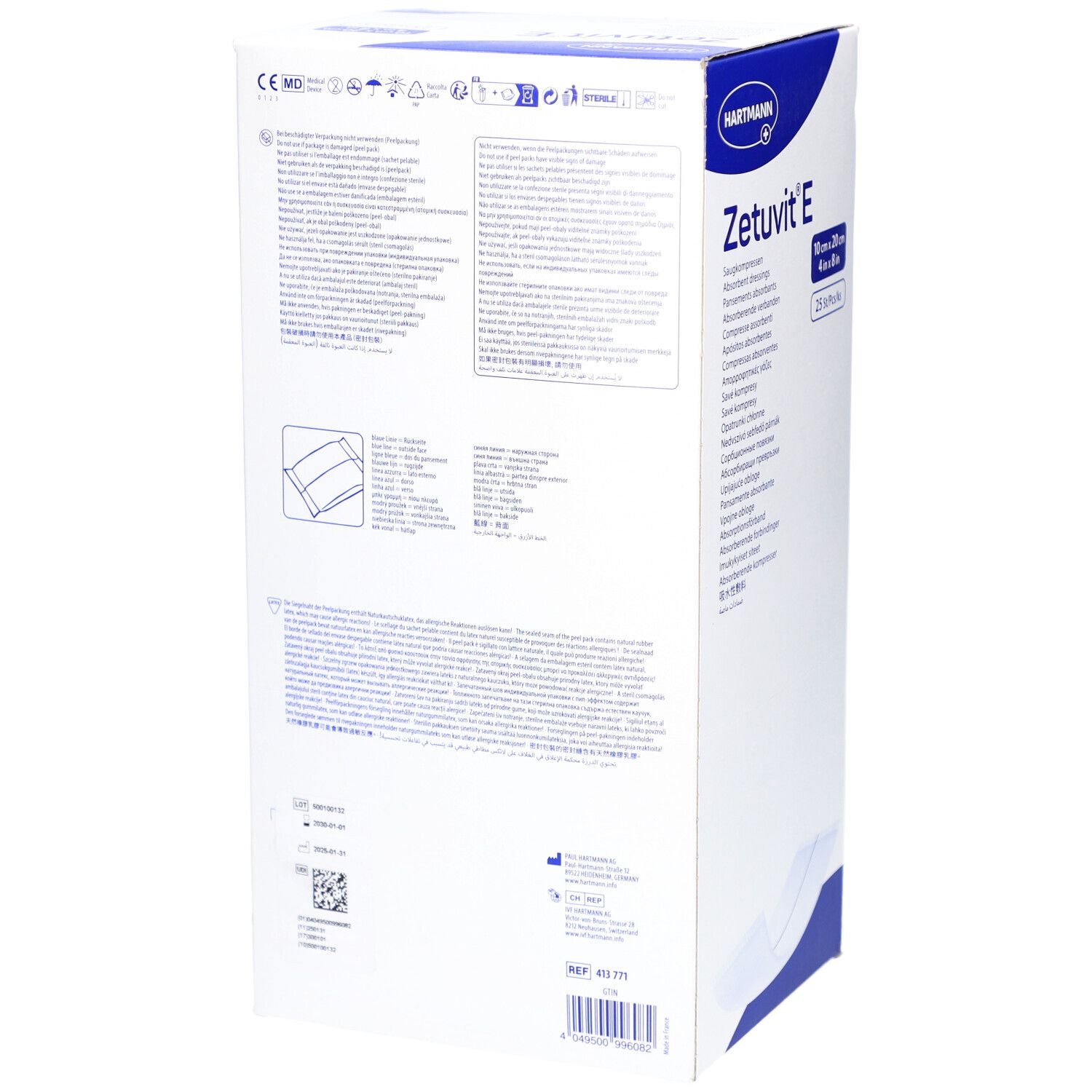 Dos de la boîte Zetuvit E. Texte multilingue. Informations fabricant. Marquage CE. Indication stérile. Code-barres.