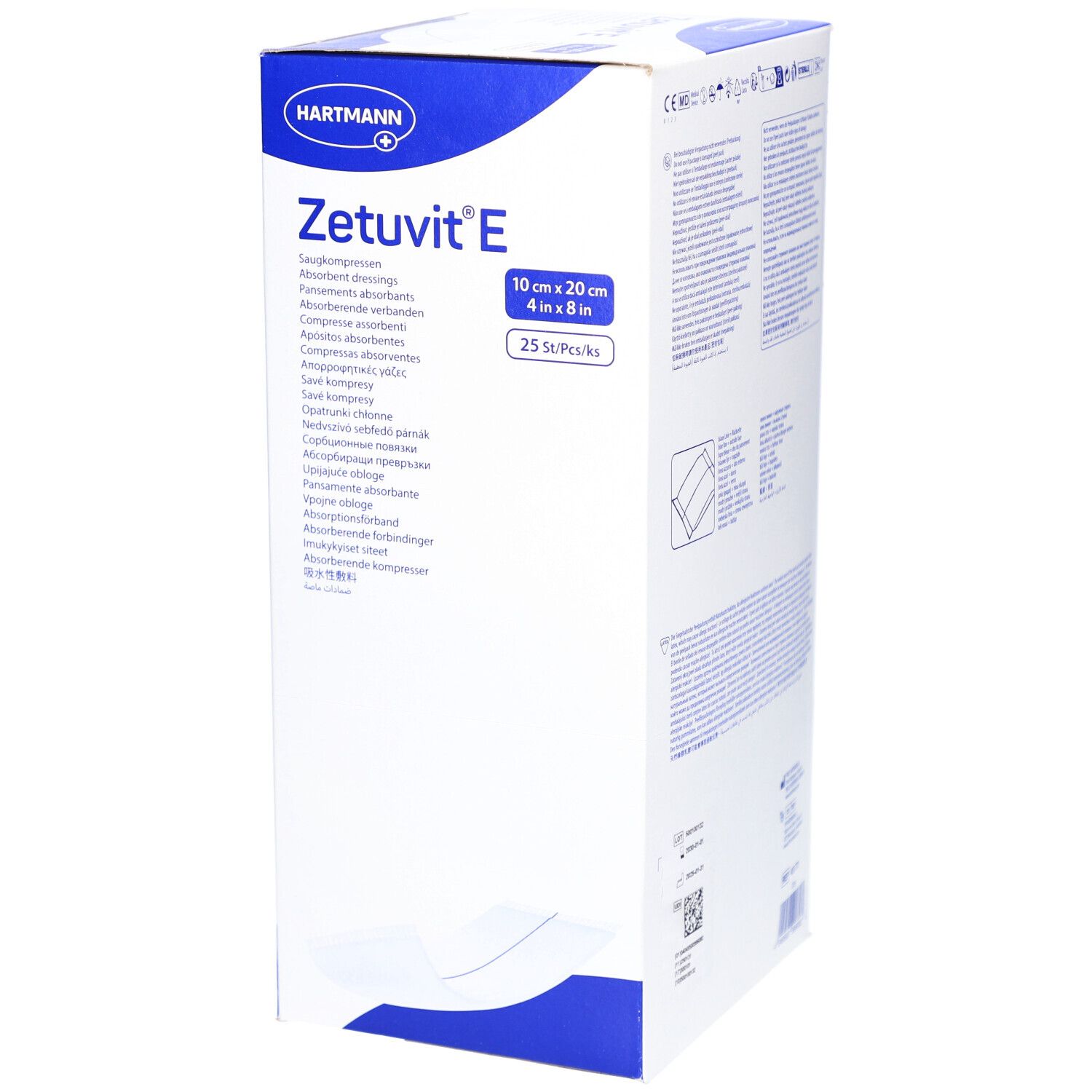 Boîte Zetuvit E. Compresses absorbantes. 10x20 cm. 25 pièces. Logo HARTMANN. Emballage blanc avec accents bleus et illustration du produit.