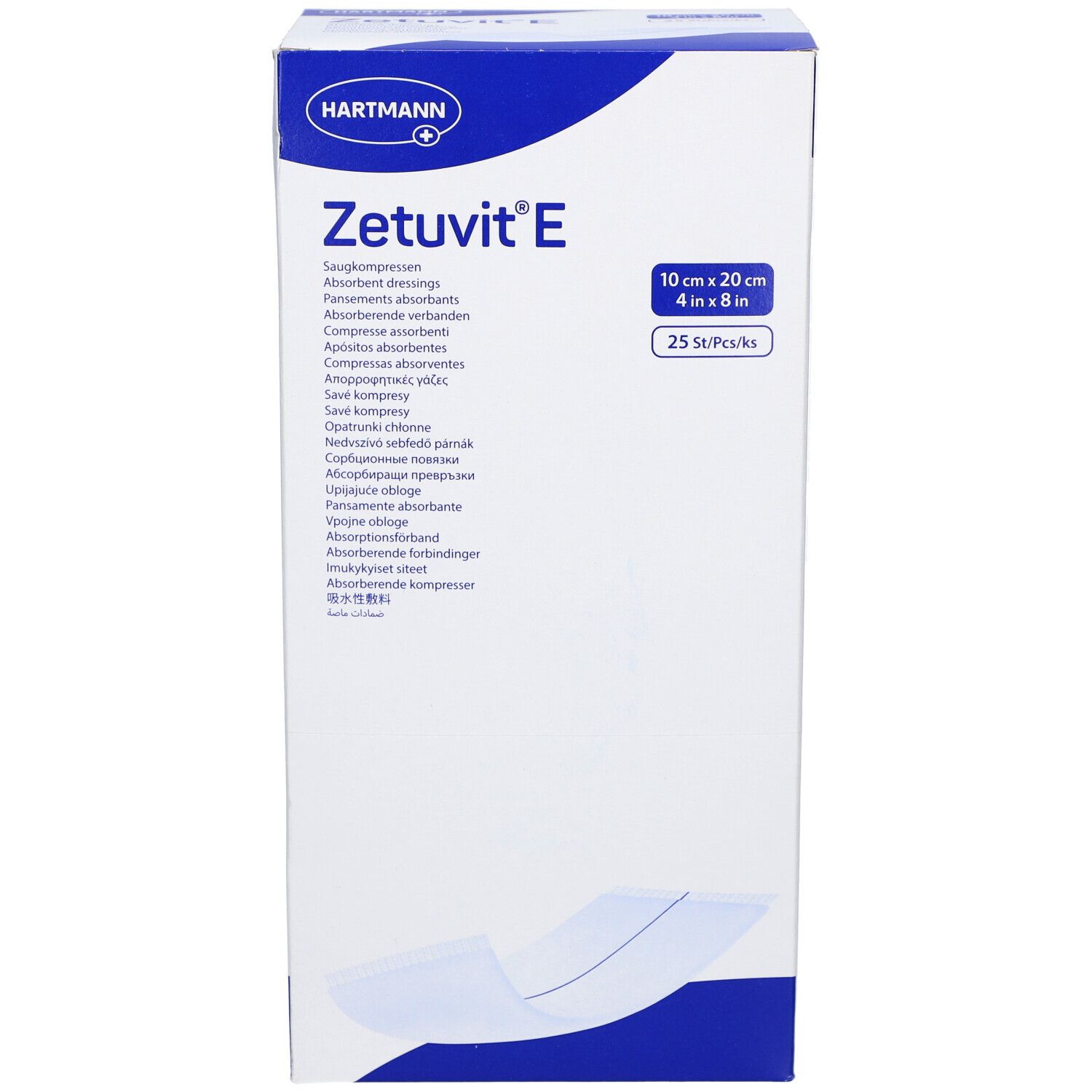 Boîte Zetuvit E. Compresses absorbantes. 10x20 cm. 25 pièces. Logo HARTMANN. Emballage blanc avec accents bleus et illustration du produit.