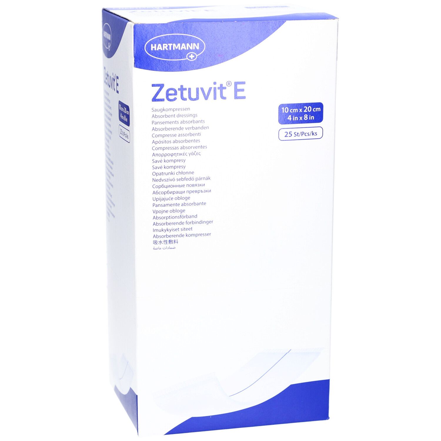 Boîte Zetuvit E. Compresses absorbantes. 10x20 cm. 25 pièces. Logo HARTMANN. Emballage blanc avec accents bleus et illustration du produit.