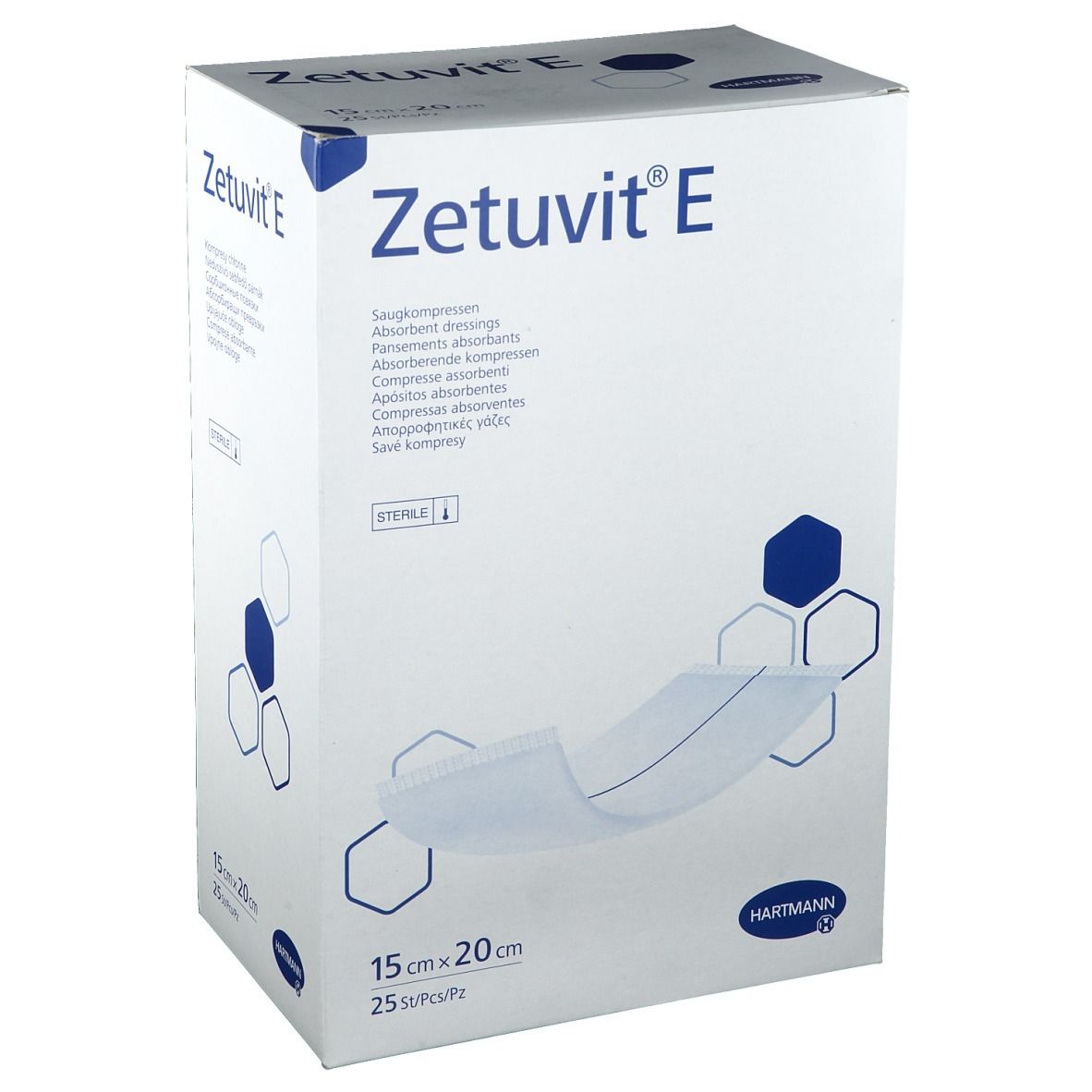 Emballage de HARTMANN Zetuvit® E. Dimensions : 15 x 20 cm, 25 pièces. Nom du produit et logo visibles.