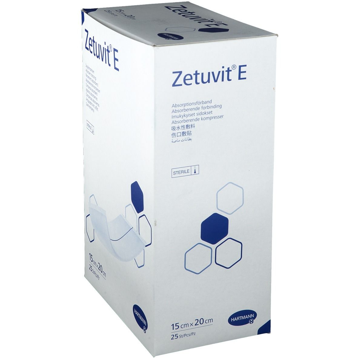 Emballage HARTMANN Zetuvit® E en biais. Dimensions : 15 x 20 cm, 25 pièces. Nom et logo du produit visibles.