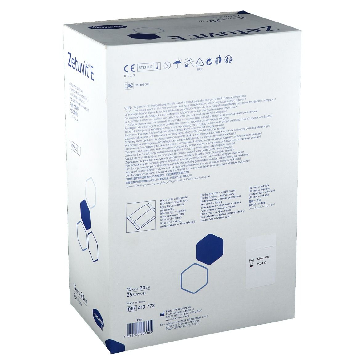 Dos de l'emballage HARTMANN Zetuvit® E. Texte et logos. Dimensions : 15 x 20 cm, 25 pièces.