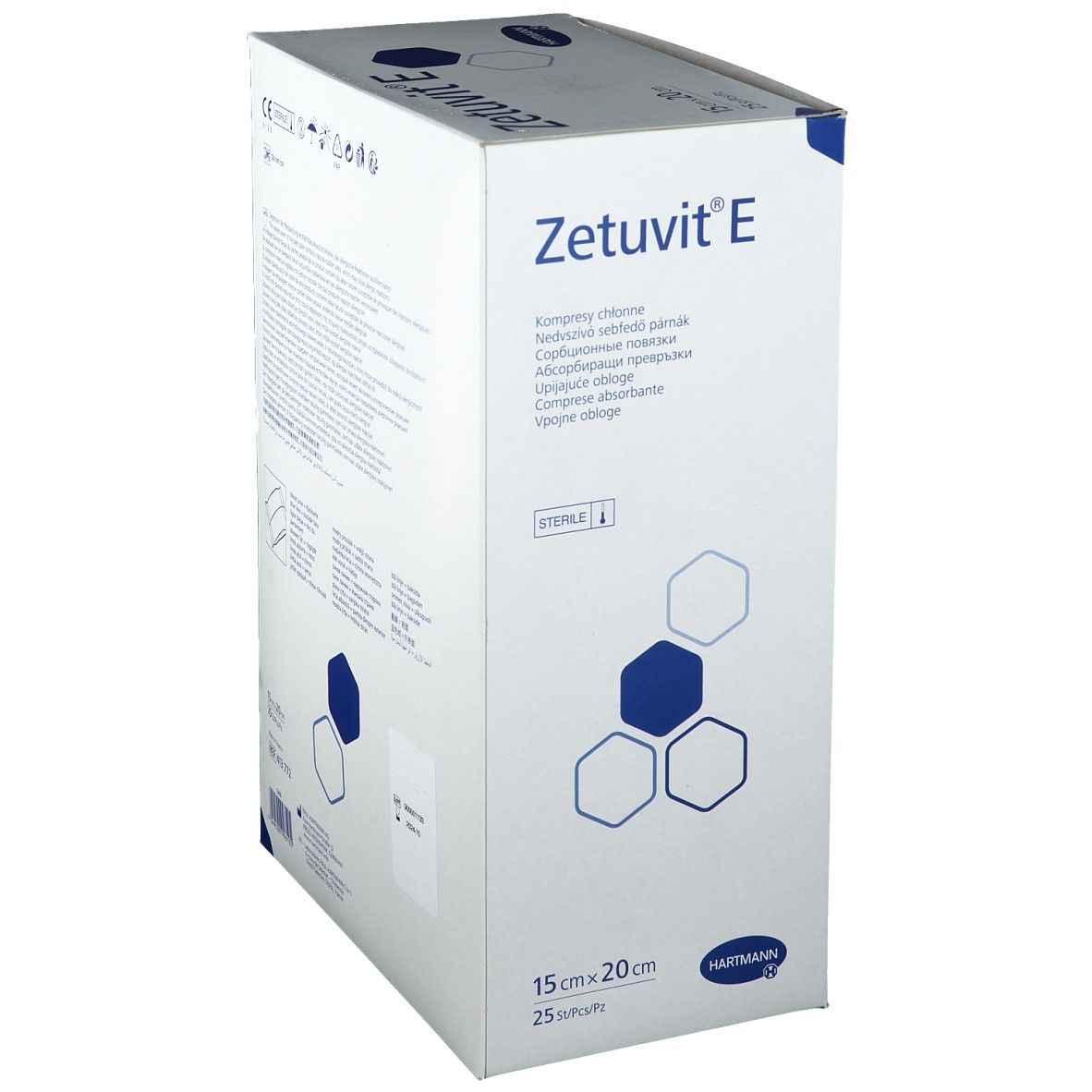 Emballage HARTMANN Zetuvit® E en biais. Dimensions : 15 x 20 cm, 25 pièces. Nom et logo du produit visibles.