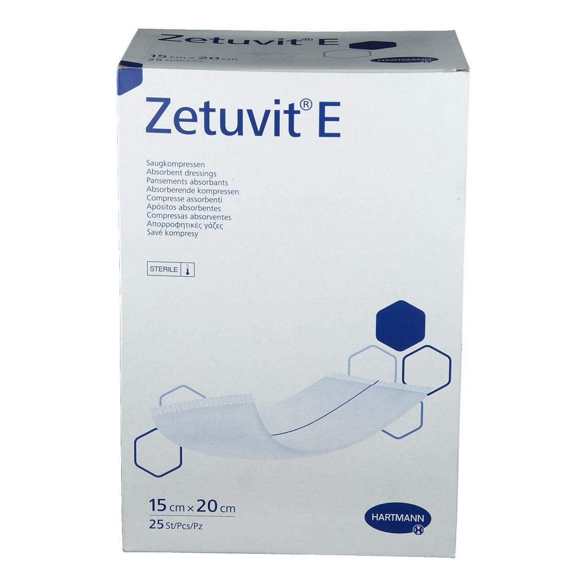 Emballage HARTMANN Zetuvit® E. Dimensions : 15 x 20 cm, 25 pièces. Nom du produit et logo visibles.