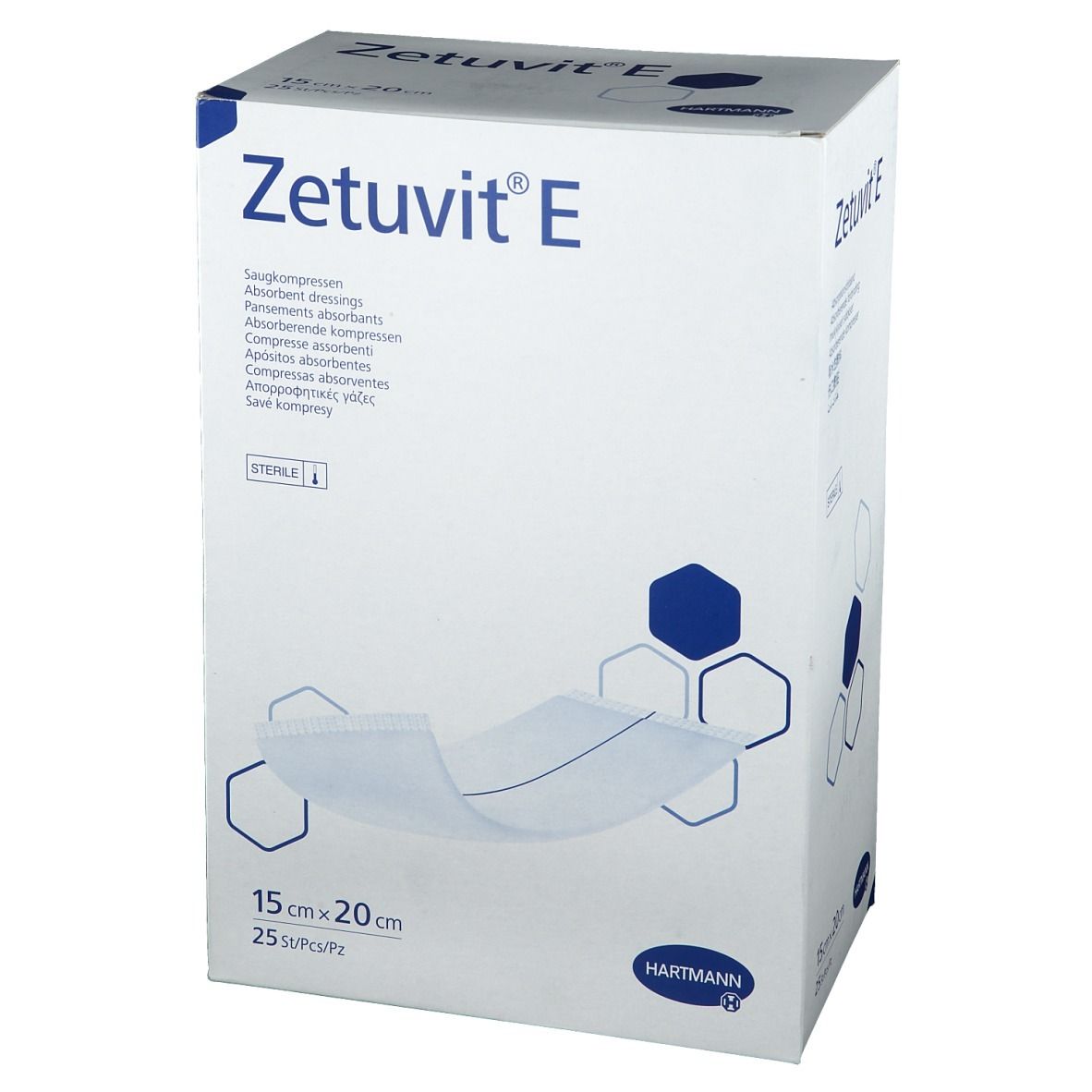 Emballage HARTMANN Zetuvit® E. Dimensions : 15 x 20 cm, 25 pièces. Nom du produit et logo visibles.