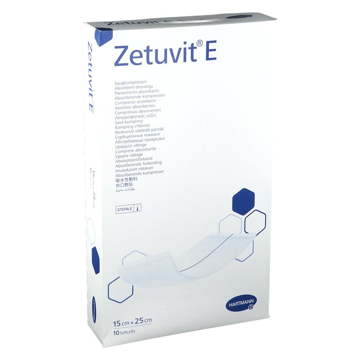Emballage de Zetuvit® E. Inscriptions : compresses absorbantes, 15 cm x 25 cm, 10 pièces, stérile. Logo Hartmann.