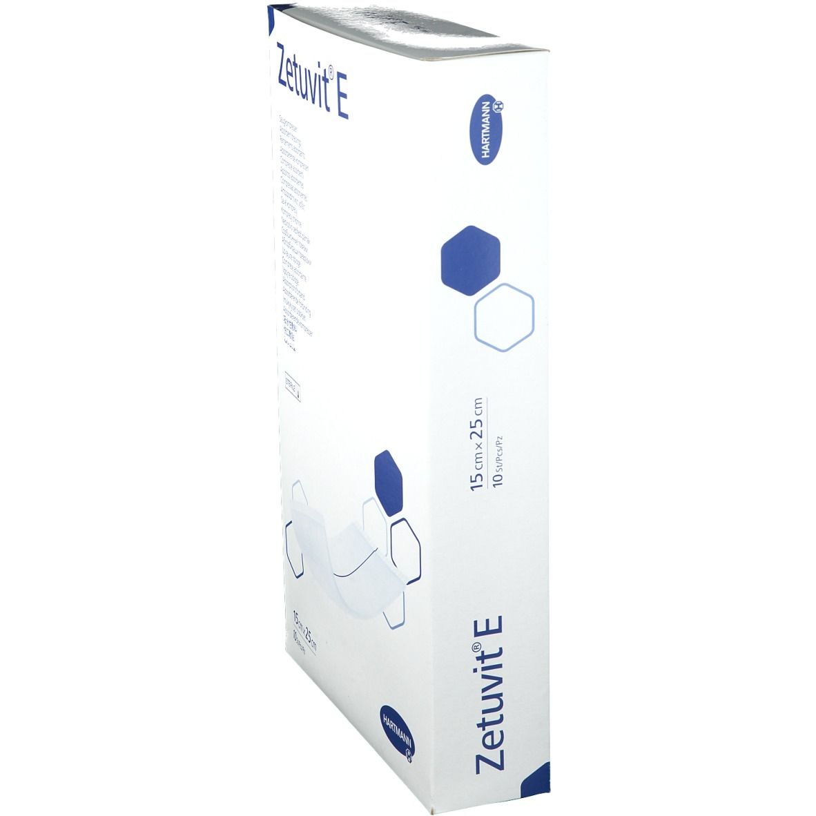 Vue latérale de l'emballage Zetuvit® E. Inscriptions : 15 cm x 25 cm, 10 pièces. Logo Hartmann.
