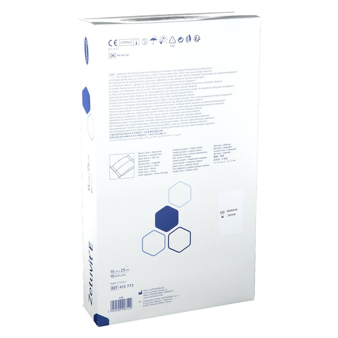 Dos de l'emballage Zetuvit® E. Texte en plusieurs langues. Taille : 15 cm x 25 cm, 10 pièces. Logo Hartmann.