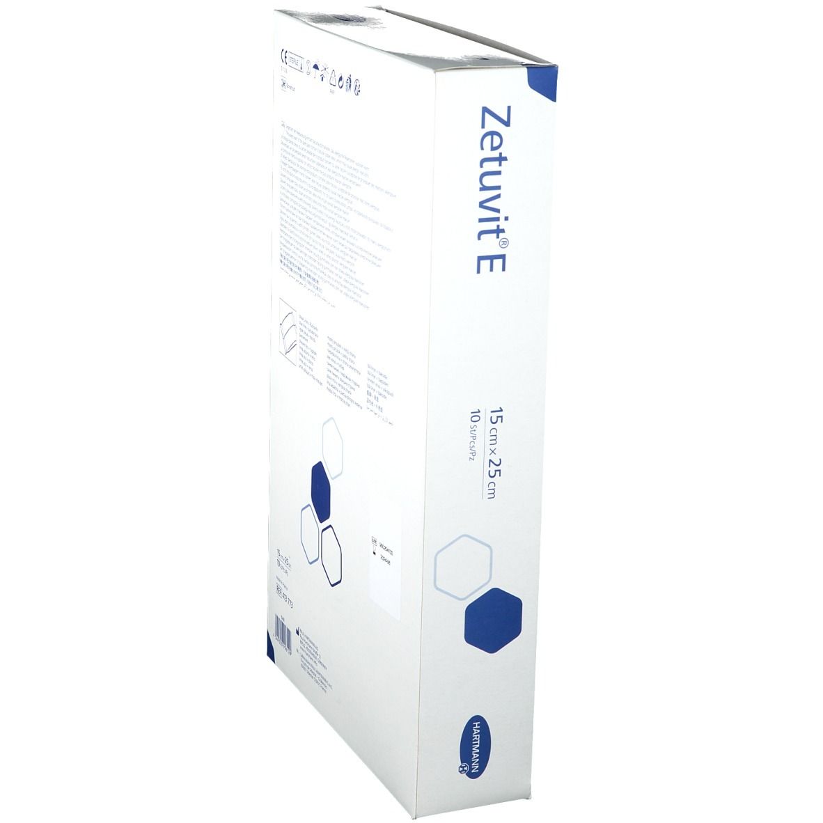 Vue latérale de l'emballage Zetuvit® E. Inscriptions : 15 cm x 25 cm, 10 pièces. Logo Hartmann.