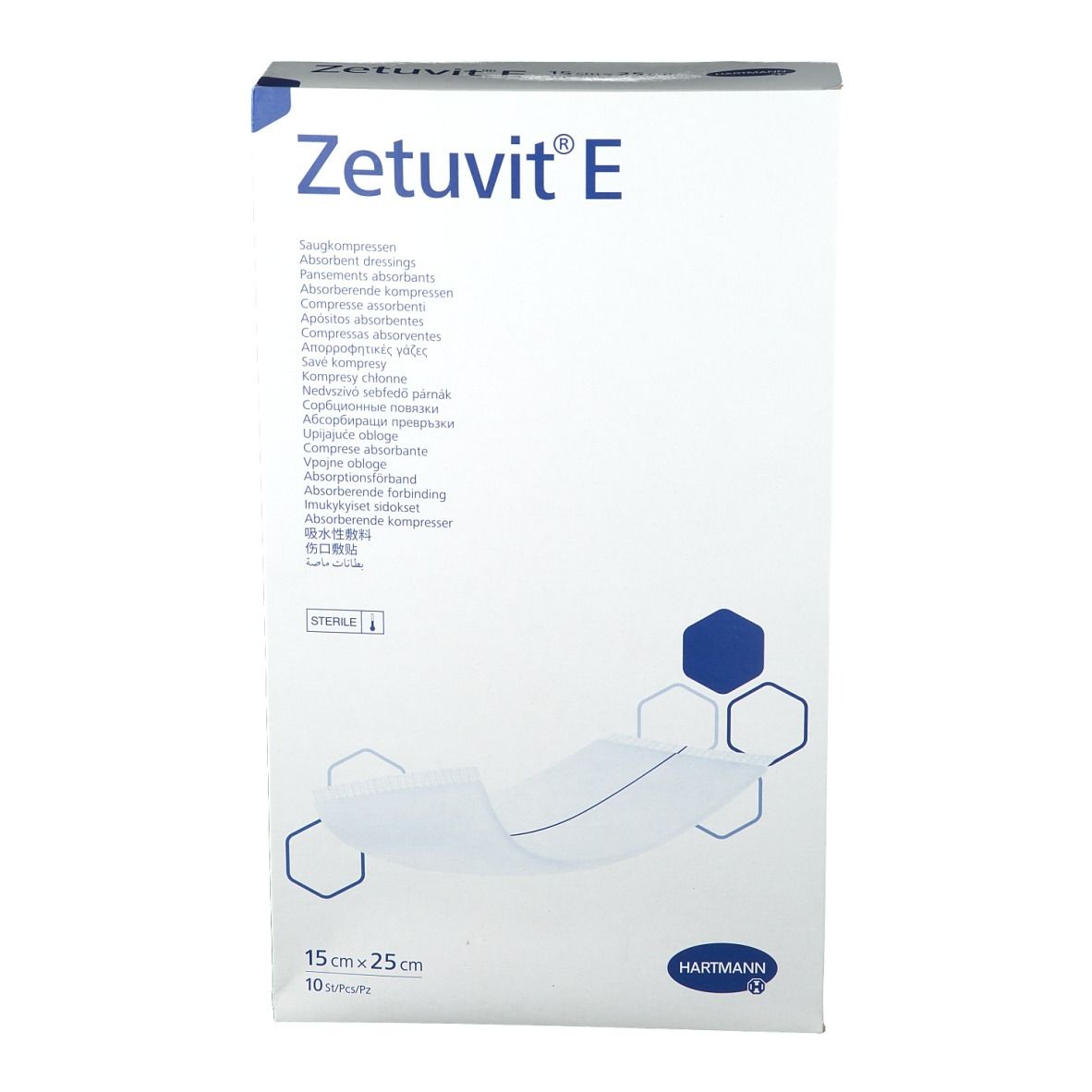 Emballage Zetuvit® E. Inscriptions : compresses absorbantes, 15 cm x 25 cm, 10 pièces, stérile. Logo Hartmann.