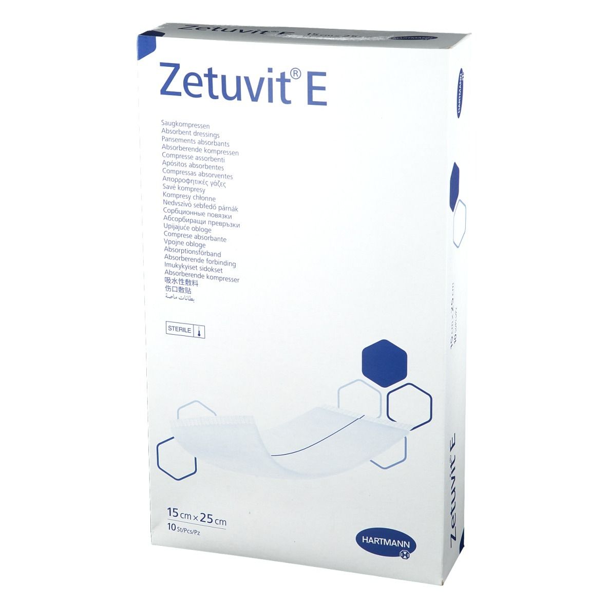 Emballage Zetuvit® E. Inscriptions : compresses absorbantes, 15 cm x 25 cm, 10 pièces, stérile. Logo Hartmann.