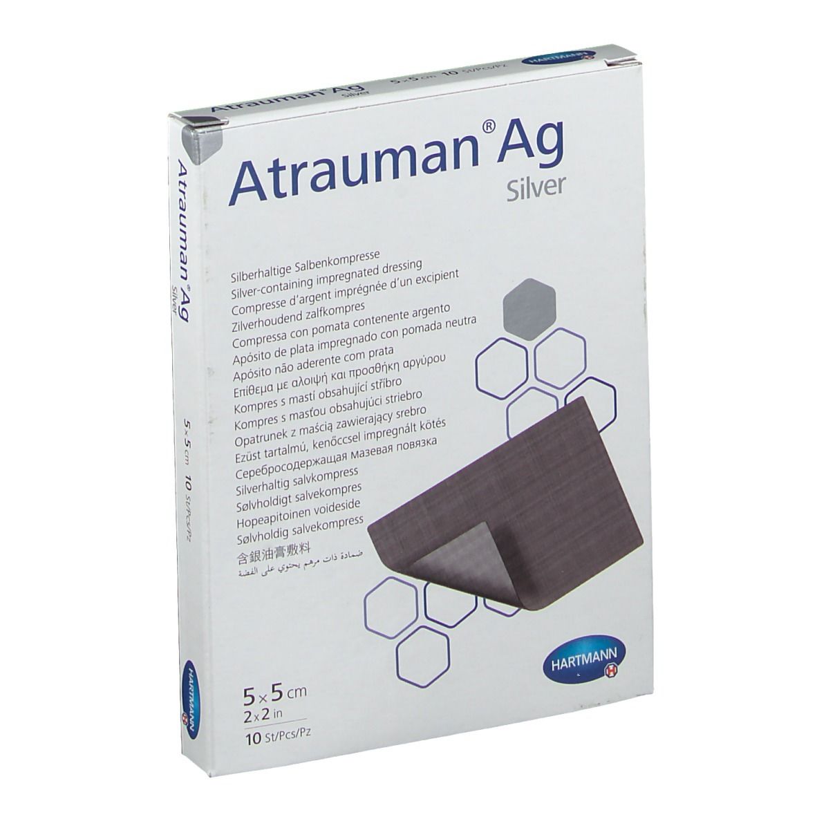 Emballage Atrauman Ag Silver. Compresses imprégnées d'argent. Dimensions 5x5cm, 10 pièces. Logo Hartmann.