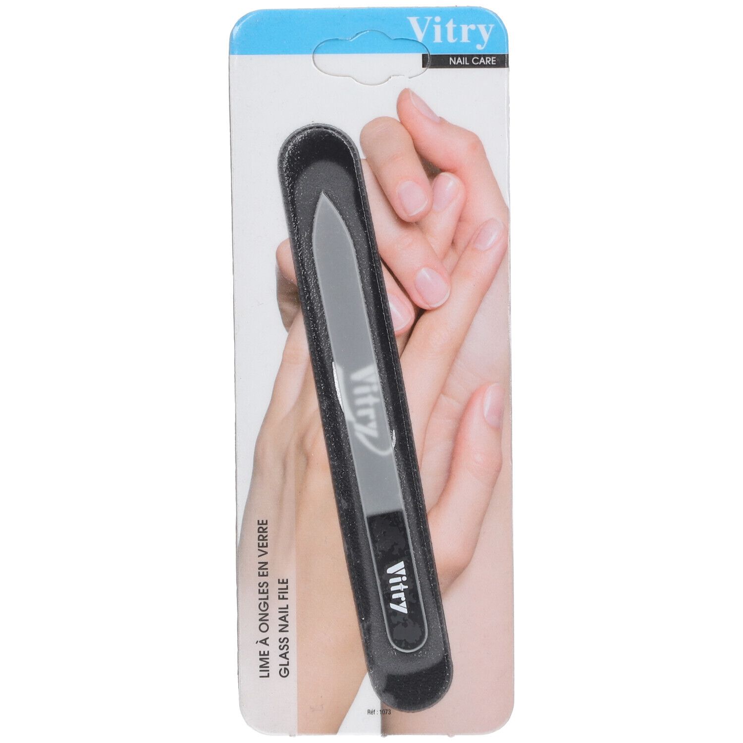 Lime à ongles en verre Vitry dans étui noir. Emballage avec mains en arrière-plan. Texte "Nail Care".
