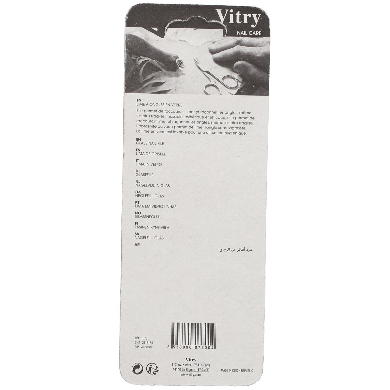 Dos de l'emballage. Texte multilingue. Code-barres et logo de la marque "Vitry".