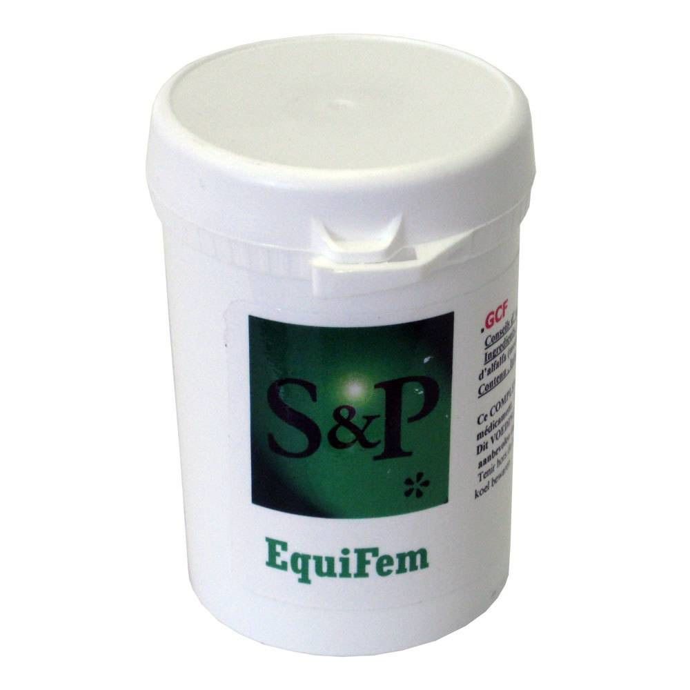 Récipient blanc avec couvercle. Étiquette verte avec texte S&P et EquiFem. Marque de qualité GCF visible.