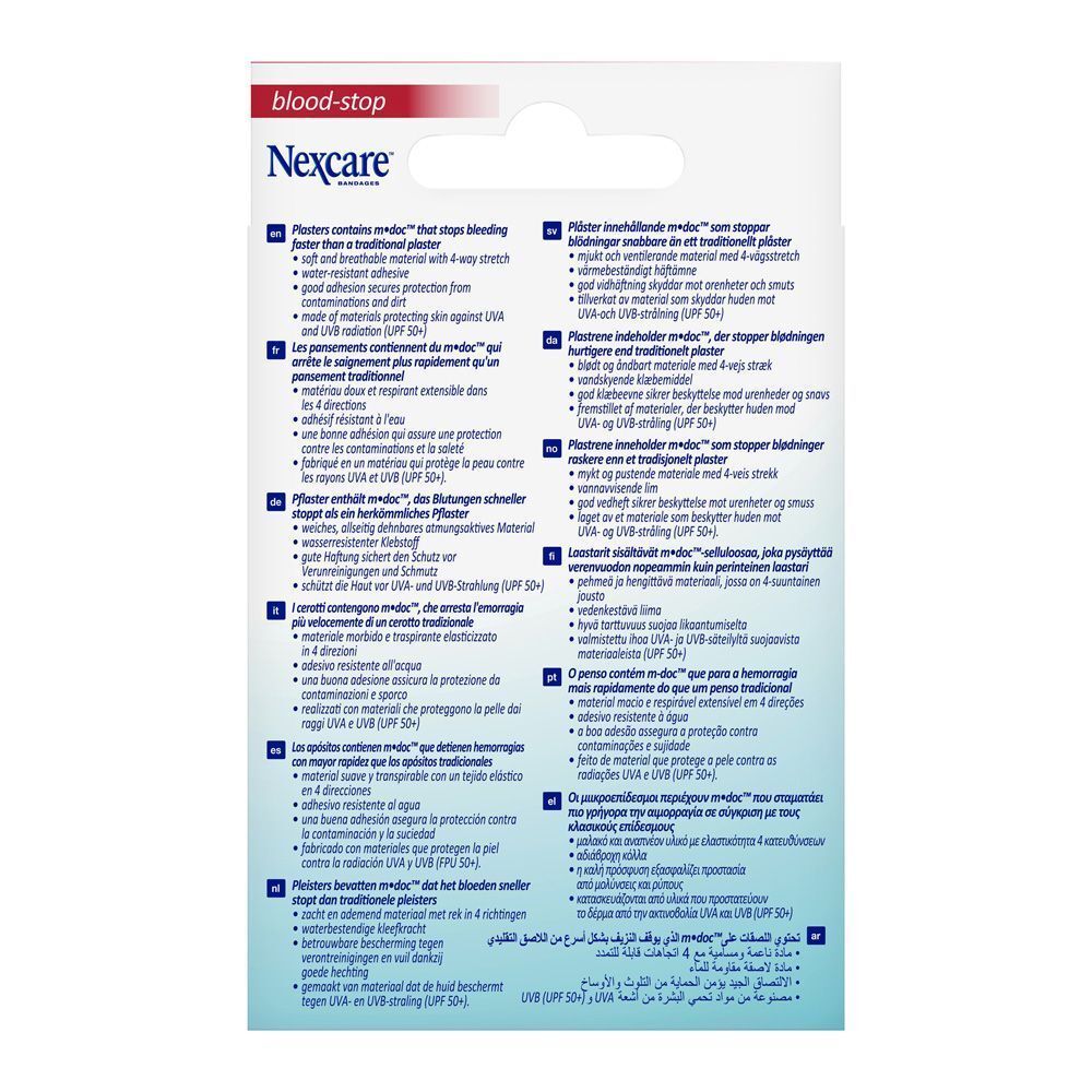 Boîte de pansements Nexcare Blood-stop. 30 pansements, 3 tailles. Protection UV. Inscription : blood-stop.