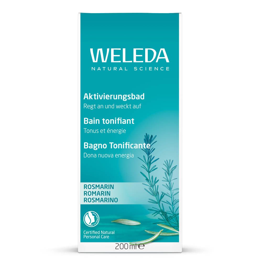 Emballage en carton. Inscription: WELEDA, Bain tonifiant. Illustration de romarin. 200ml.