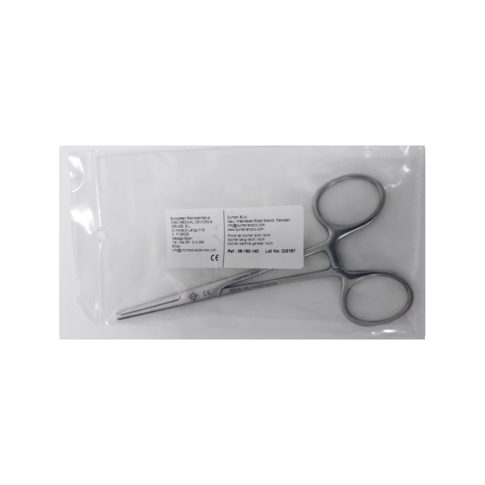 Ciseaux chirurgicaux de 14 cm, en emballage stérile. Acier inoxydable. Avec étiquette.