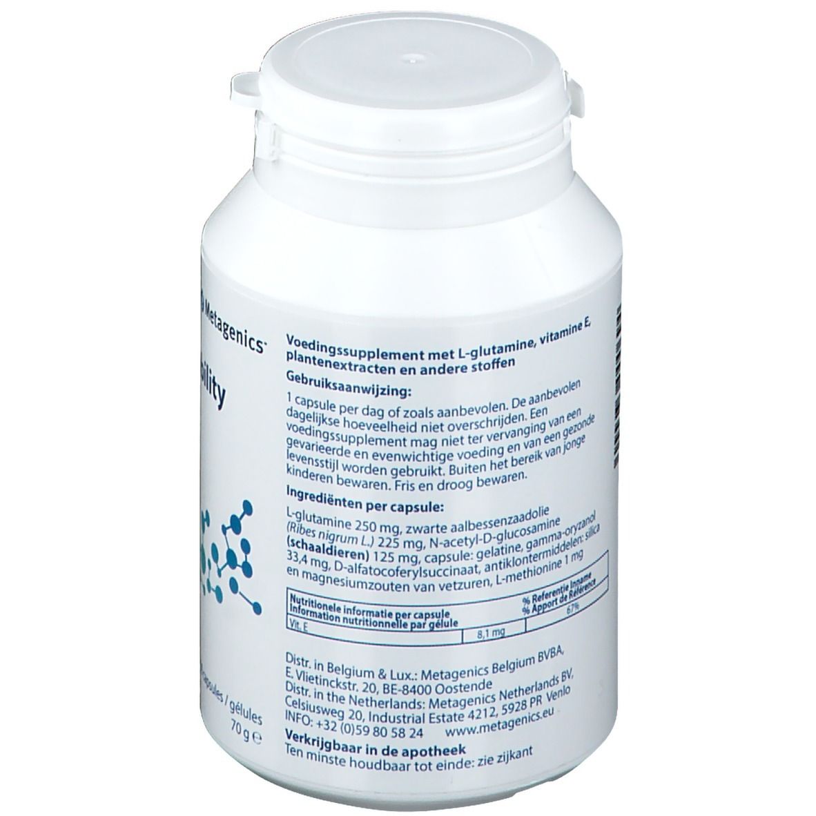 Dos d'un flacon blanc. Texte en plusieurs langues. Contient des informations sur les ingrédients et la valeur nutritionnelle. Bouchon à vis.