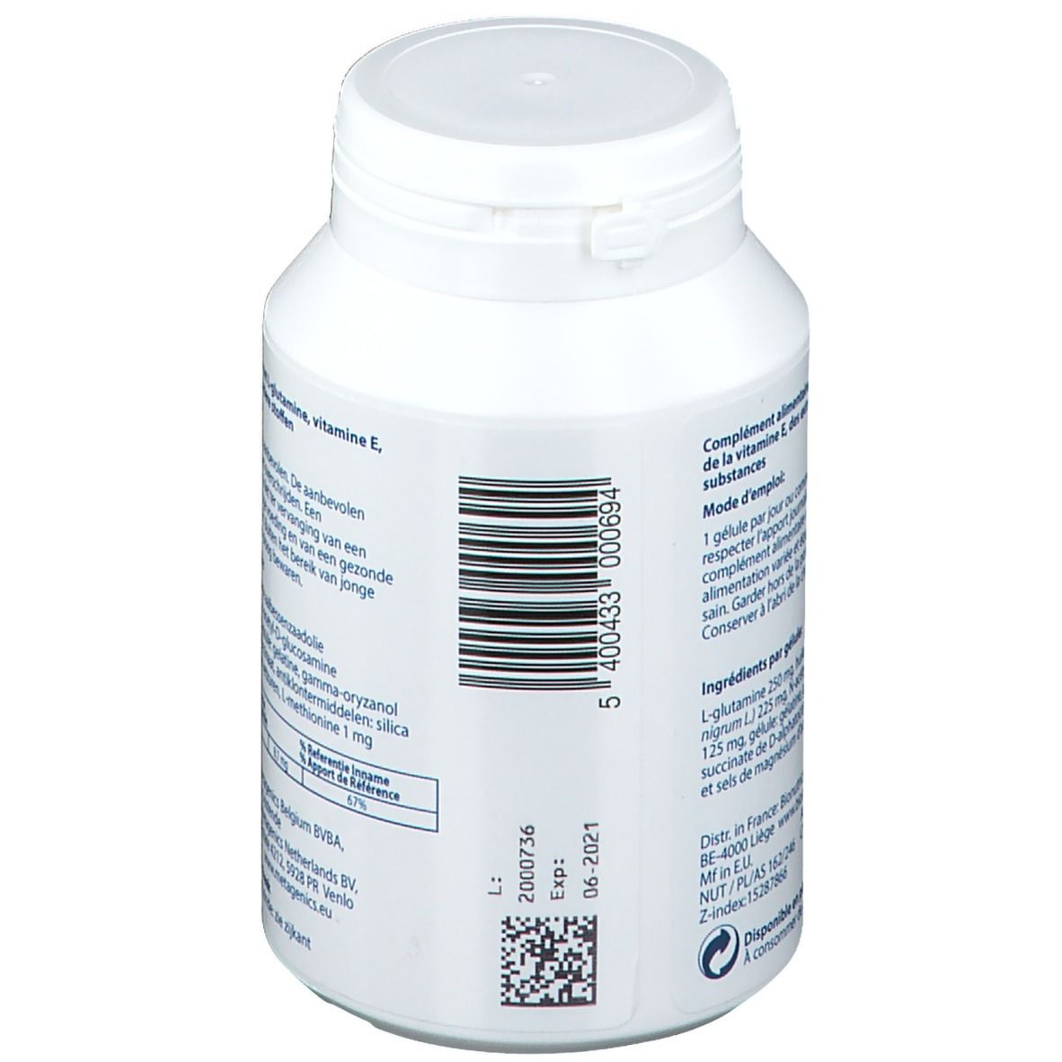 Dos d'un flacon blanc. Code-barres et numéro de lot. Texte en plusieurs langues. Bouchon à vis.