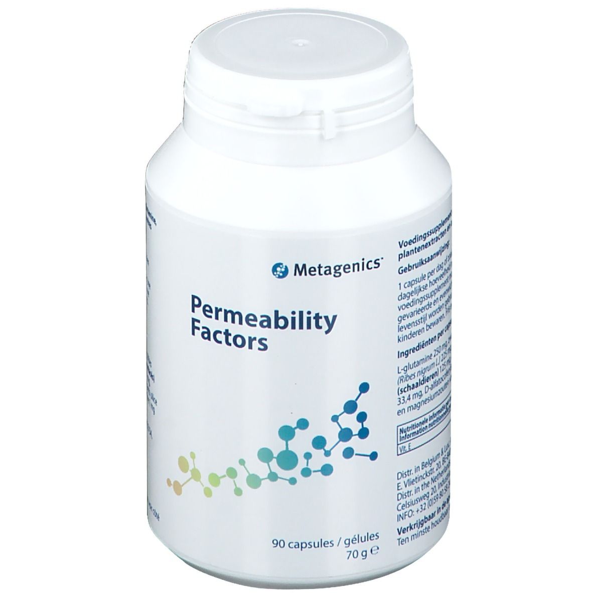 Flacon blanc avec bouchon à vis. Inscription: Permeability Factors. Marque: Metagenics. 90 gélules. Graphique bleu et vert.