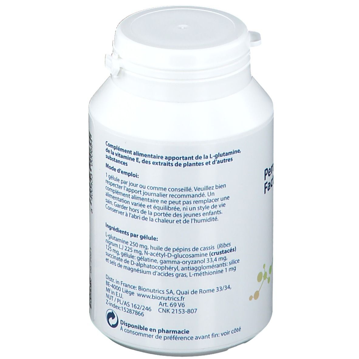 Dos d'un flacon blanc. Texte en plusieurs langues. Contient des informations sur les ingrédients et la valeur nutritionnelle. Bouchon à vis.